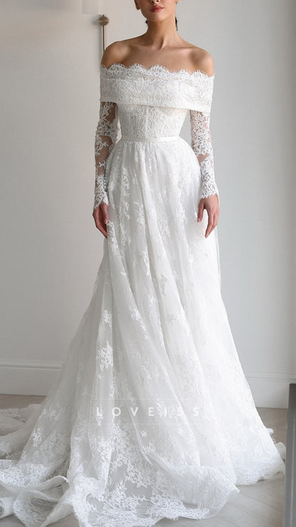 Off-Shoulder Long Sleeves Lace Appliques A-Line Wedding Dress
