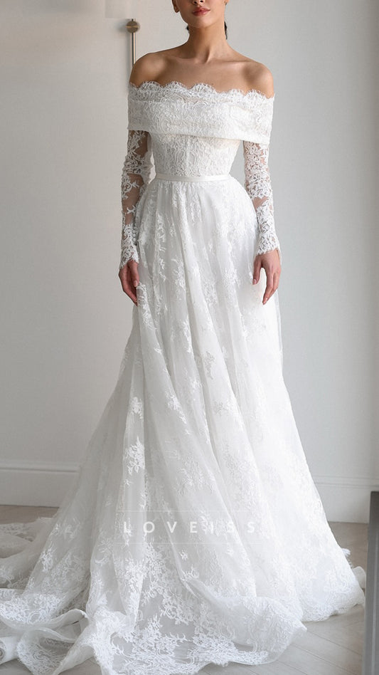 Off-Shoulder Long Sleeves Lace Appliques A-Line Wedding Dress