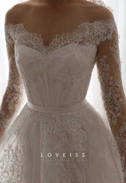 Off-Shoulder Long Sleeves Lace Appliques A-Line Wedding Dress