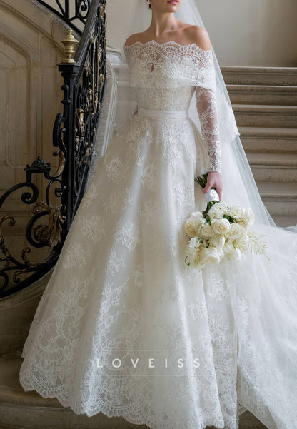 Off-Shoulder Long Sleeves Lace Appliques A-Line Wedding Dress