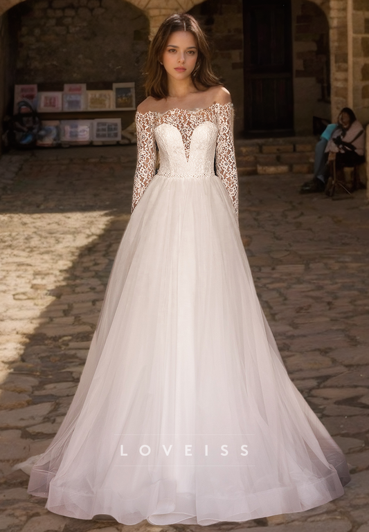Off-Shoulder Long Sleeves Lace Appliques Ball Gown Wedding Dress
