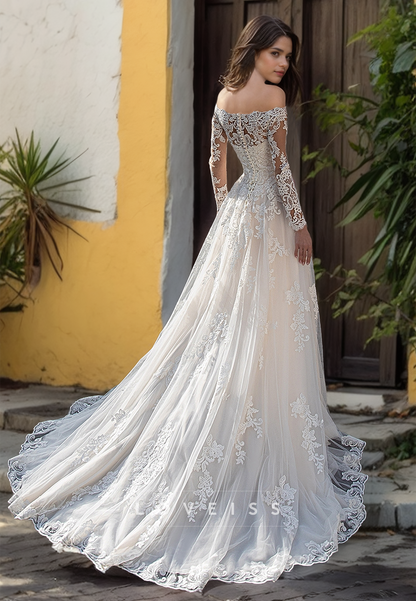 Off-Shoulder Long Sleeves Lace Appliques Ball Gown Wedding Dress