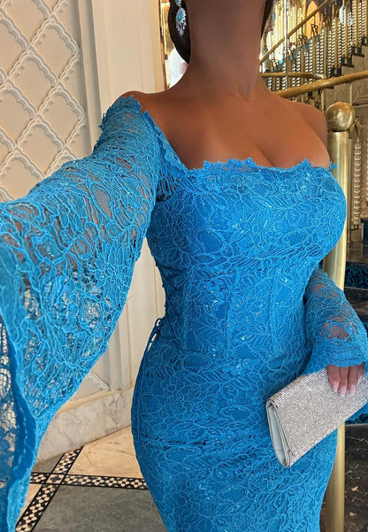 Off-Shoulder Long Sleeves Lace Appliques Mermaid Evening Dress