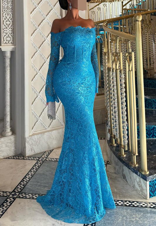 Off-Shoulder Long Sleeves Lace Appliques Mermaid Evening Dress