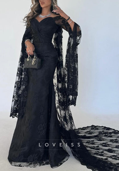 Off-Shoulder Long Sleeves Lace Appliques Mermaid Evening Dress