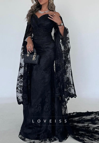 Off-Shoulder Long Sleeves Lace Appliques Mermaid Evening Dress