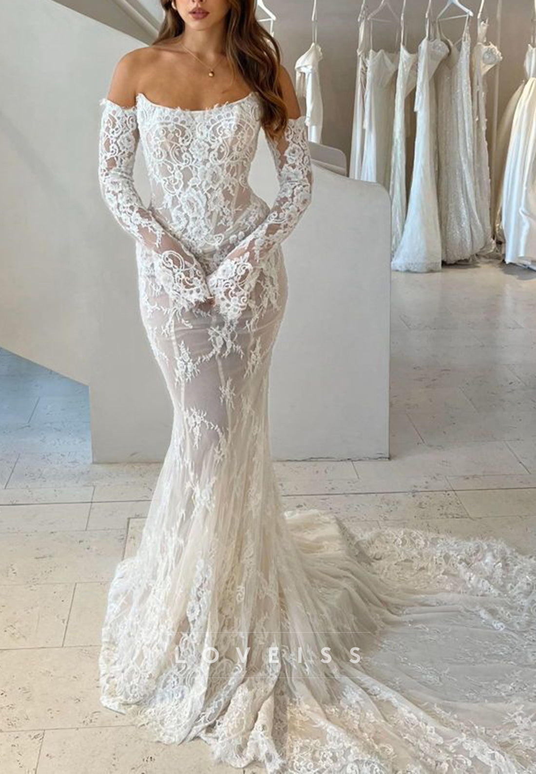 Off-Shoulder Long Sleeves Lace Appliques Mermaid Wedding Dress
