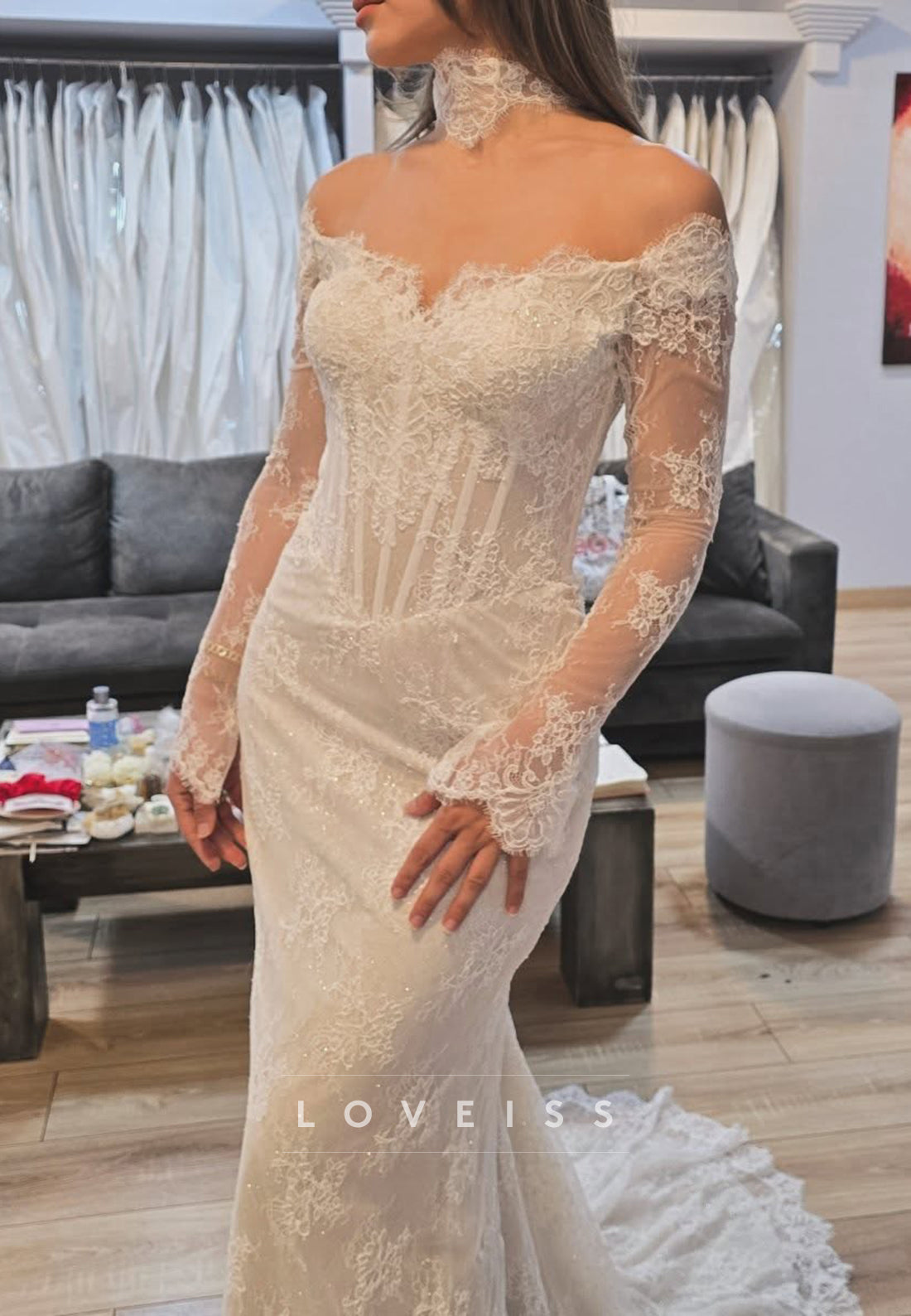Off-Shoulder Long Sleeves Lace Appliques Mermaid Wedding Dress