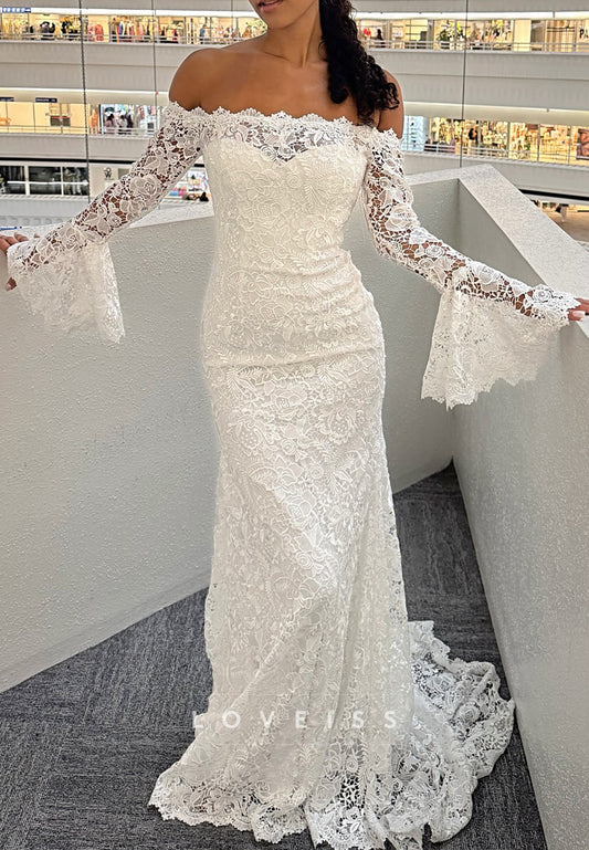 Off-Shoulder Long Sleeves Lace Appliques Mermaid Wedding Dress