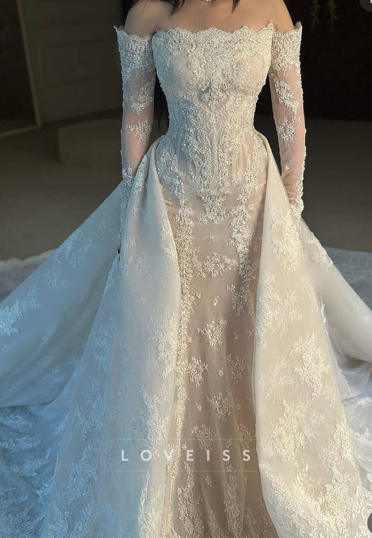 Off-Shoulder Long Sleeves Lace Appliques Mermaid Wedding Dress