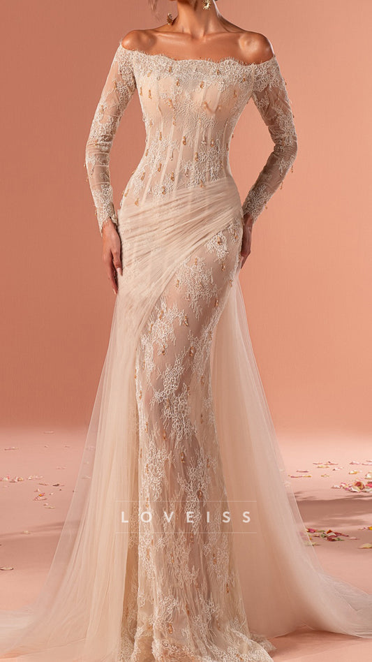 Off-Shoulder Long Sleeves Lace Appliques Mermaid Wedding Dress