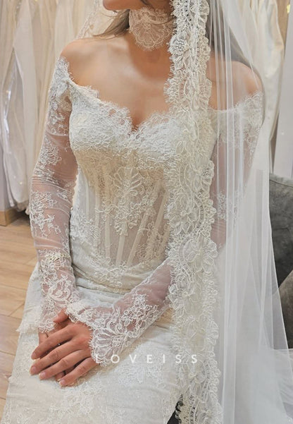 Off-Shoulder Long Sleeves Lace Appliques Mermaid Wedding Dress