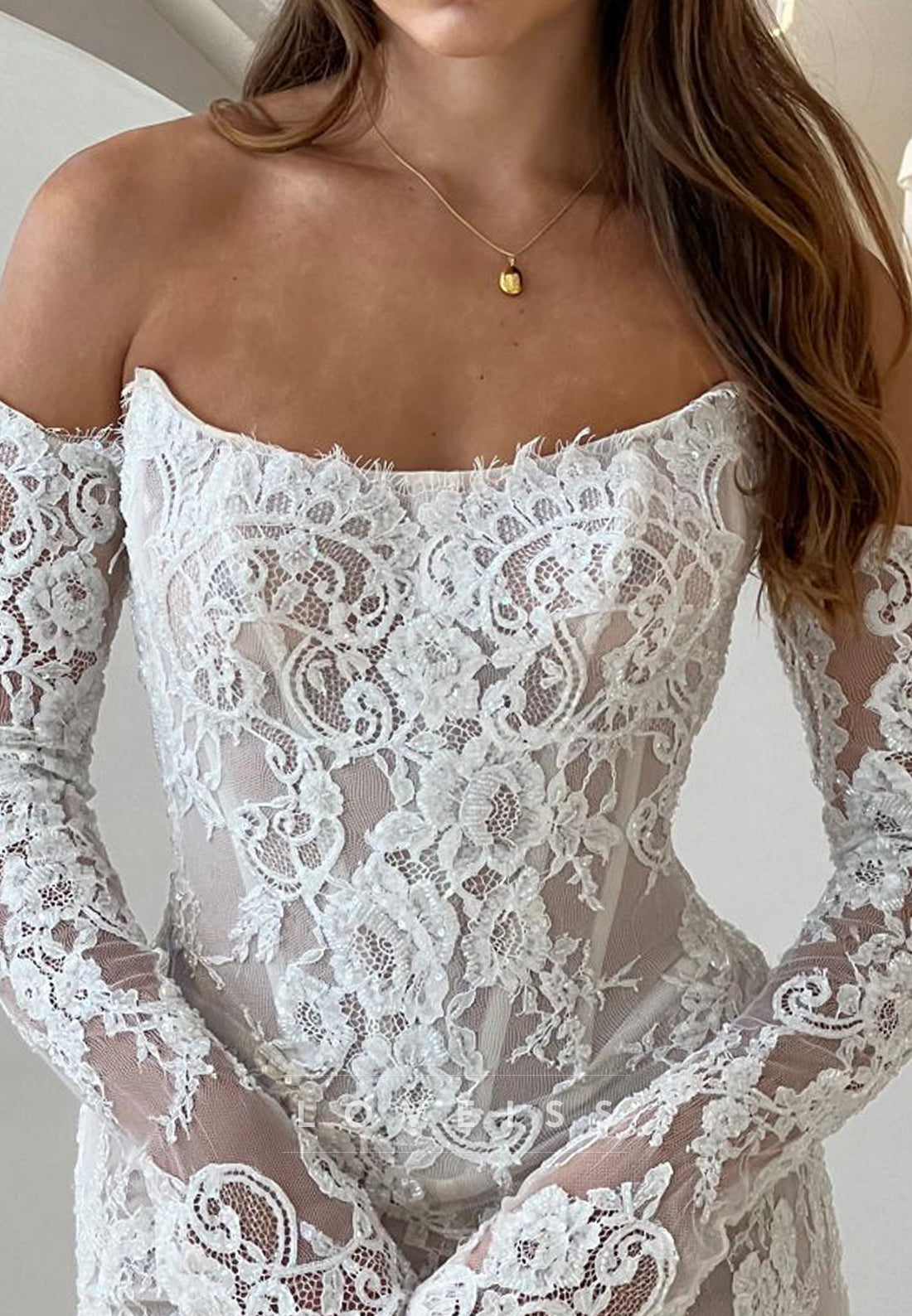 Off-Shoulder Long Sleeves Lace Appliques Mermaid Wedding Dress