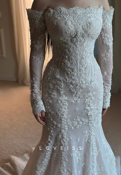 Off-Shoulder Long Sleeves Lace Appliques Mermaid Wedding Dress
