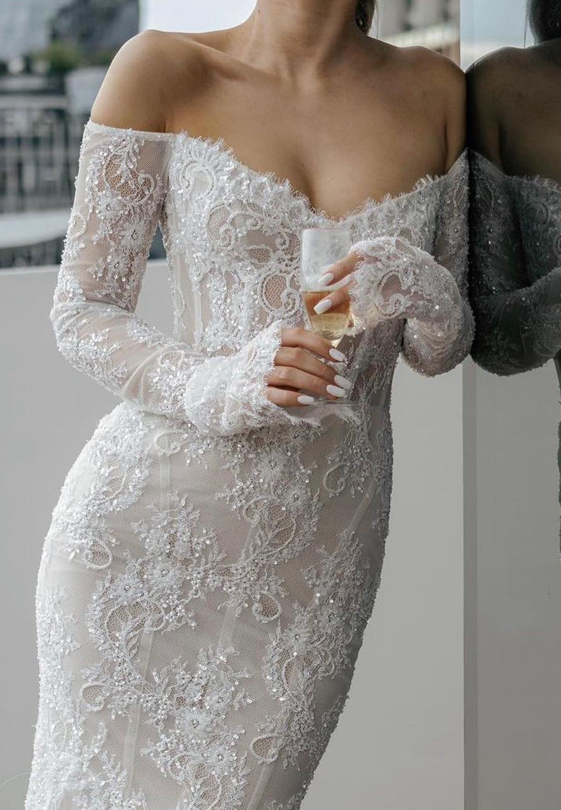 Off-Shoulder Long Sleeves Lace Appliques Mermaid Wedding Dress – Loveiss