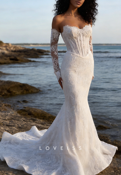 Off-Shoulder Long Sleeves Lace Appliques Mermaid Wedding Dress