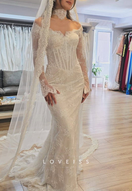 Off-Shoulder Long Sleeves Lace Appliques Mermaid Wedding Dress