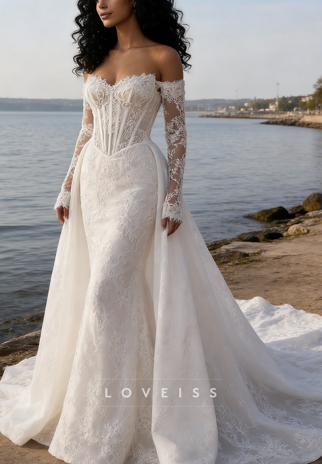 Off-Shoulder Long Sleeves Lace Appliques Mermaid Wedding Dress