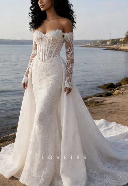 Off-Shoulder Long Sleeves Lace Appliques Mermaid Wedding Dress