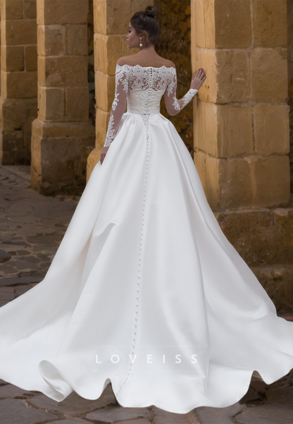 Off-Shoulder Long Sleeves Lace Appliques Pleated Satin A-Line Wedding Dress
