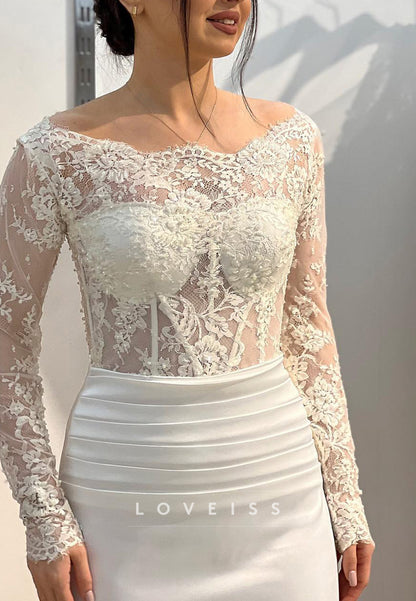 Off-Shoulder Long Sleeves Lace Appliques Sheath Wedding Dress