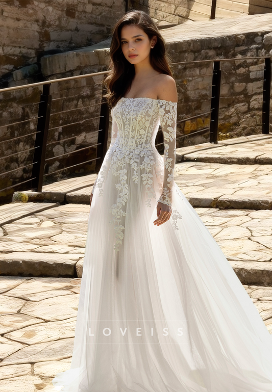 Off-Shoulder Long Sleeves Lace Appliques Tulle A-Line Brach Wedding Dress