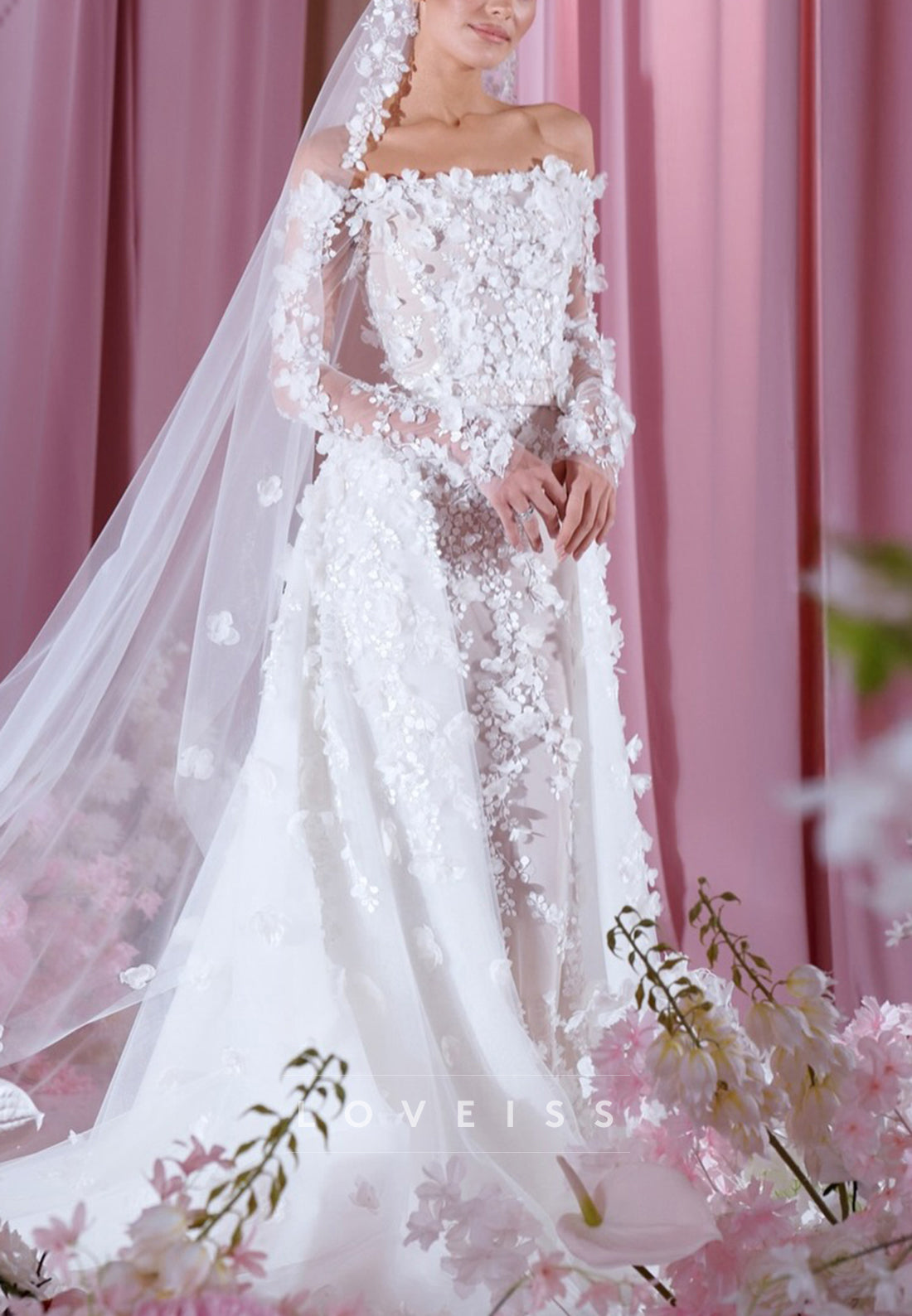 Off-Shoulder Long Sleeves Mermaid Appliques Wedding Dress