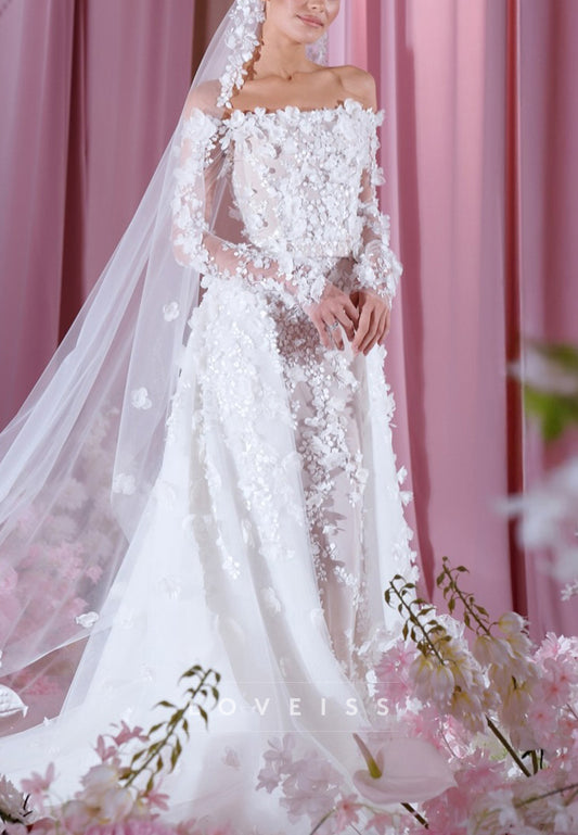 Off-Shoulder Long Sleeves Mermaid Appliques Wedding Dress
