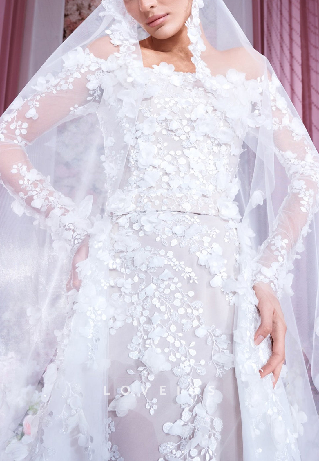 Off-Shoulder Long Sleeves Mermaid Appliques Wedding Dress