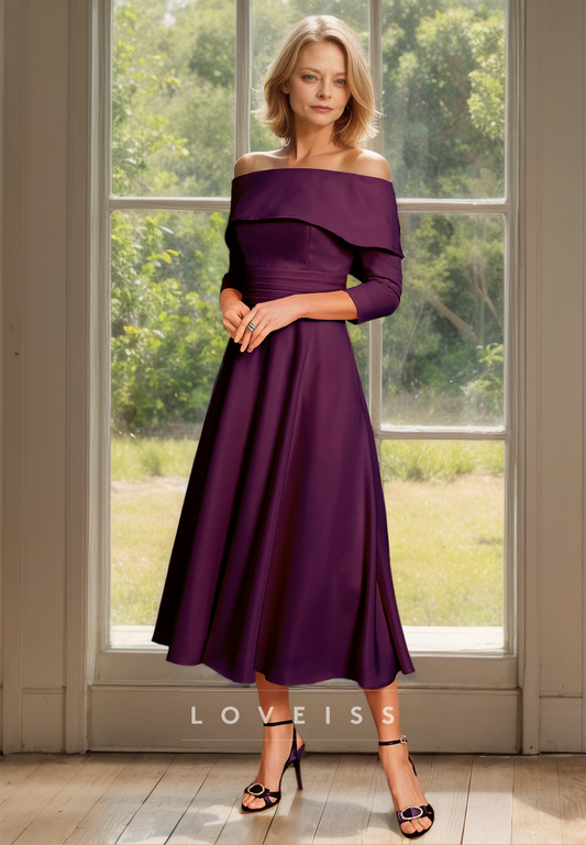 Off-Shoulder Long Sleeves Pleated A-Line Mother of Bride Dress