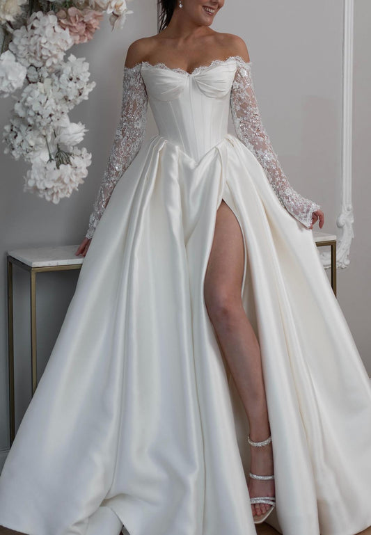 Off-Shoulder Long Sleeves Pleated A-Line Satin Wedding Dress