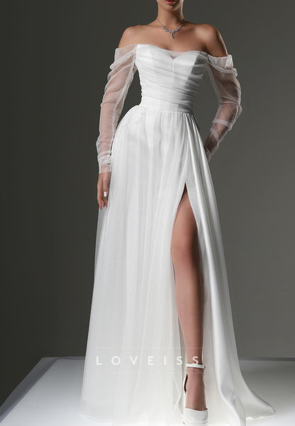Off-Shoulder Long Sleeves Pleated A-Line Wedding Dress