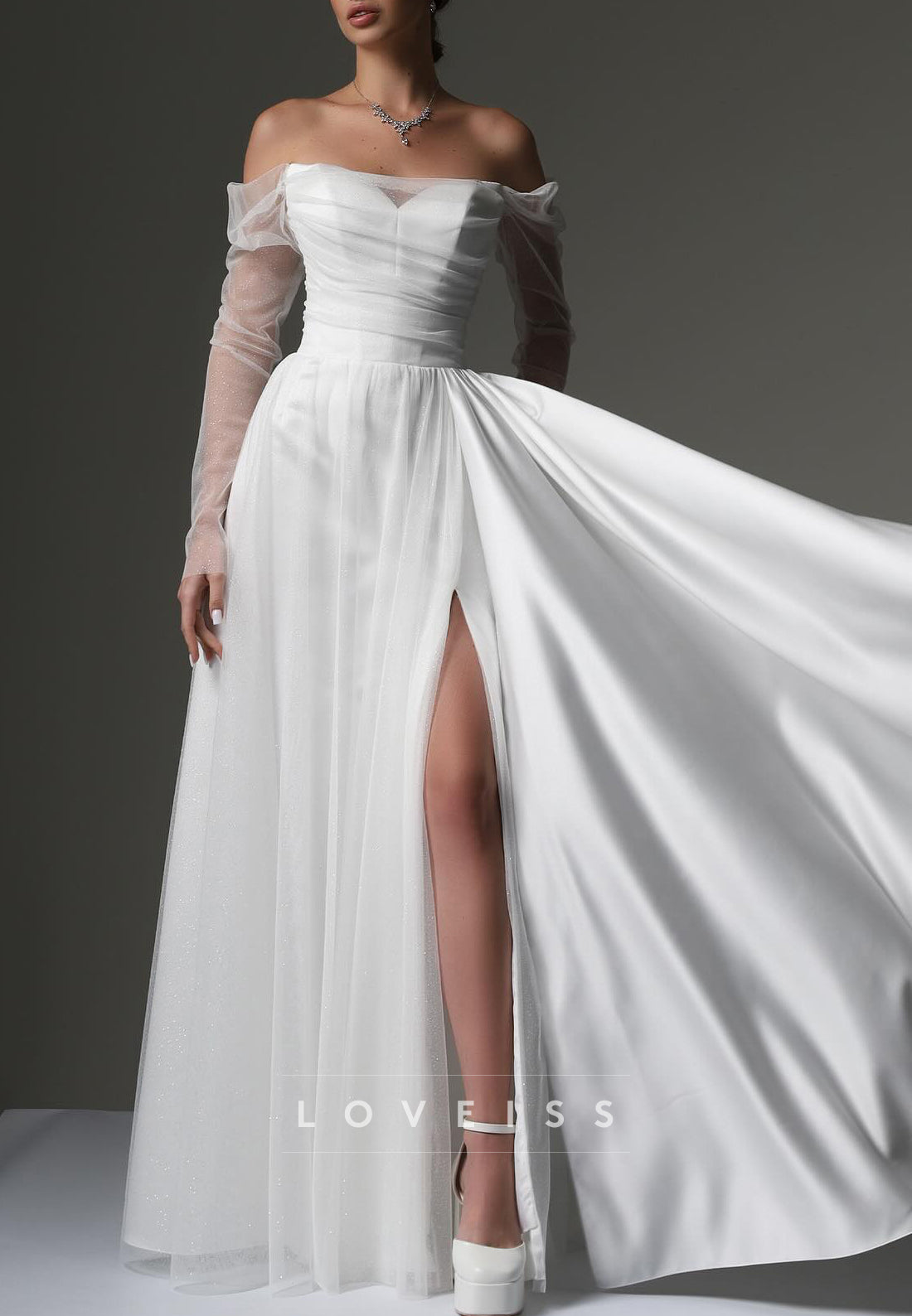 Off-Shoulder Long Sleeves Pleated A-Line Wedding Dress