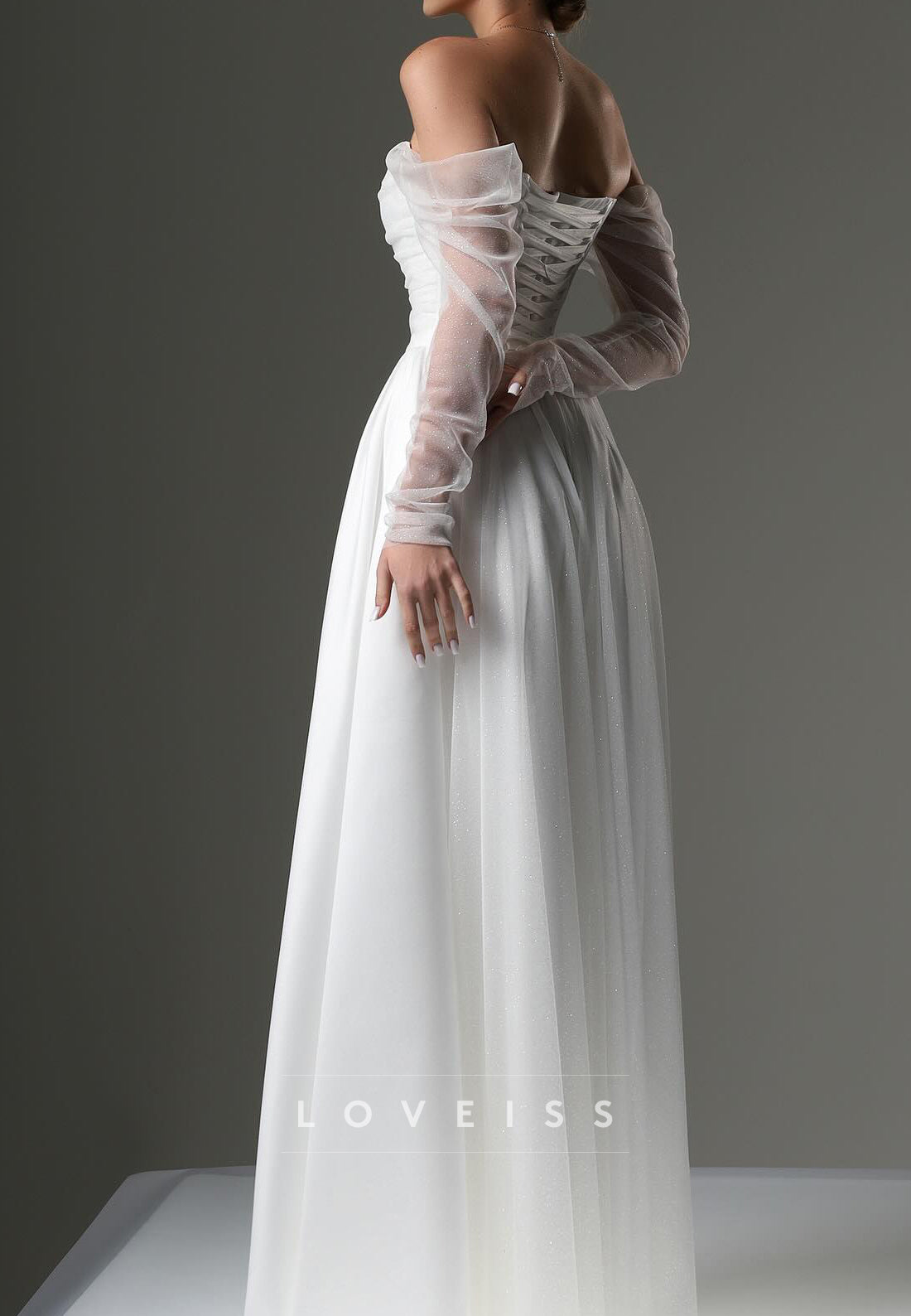 Off-Shoulder Long Sleeves Pleated A-Line Wedding Dress