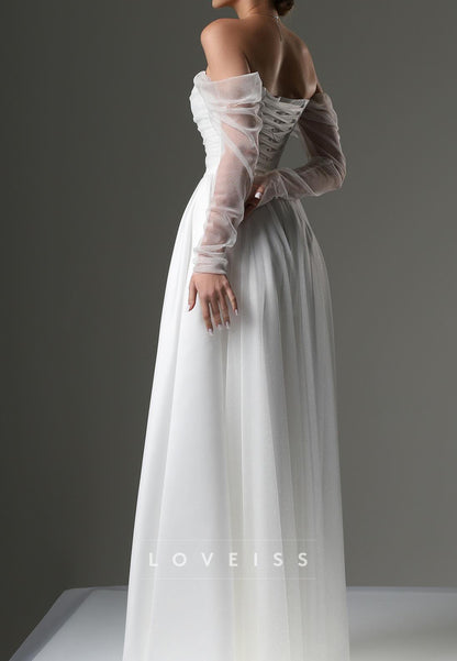 Off-Shoulder Long Sleeves Pleated A-Line Wedding Dress