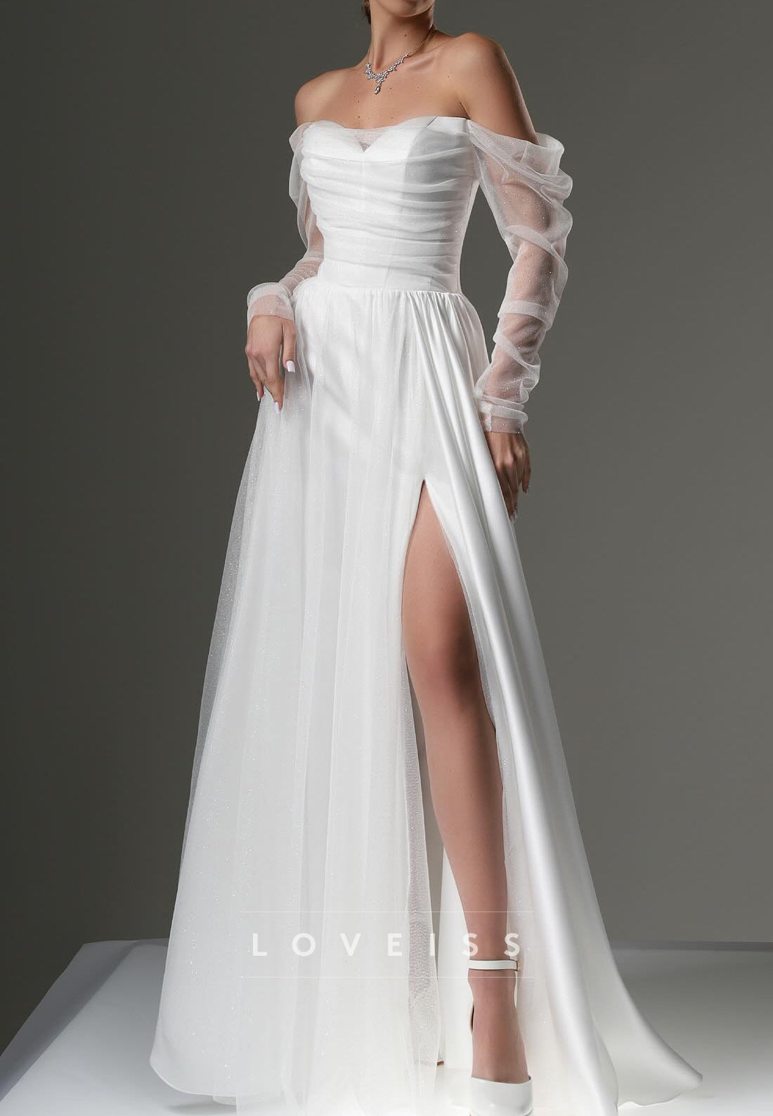 Off-Shoulder Long Sleeves Pleated A-Line Wedding Dress