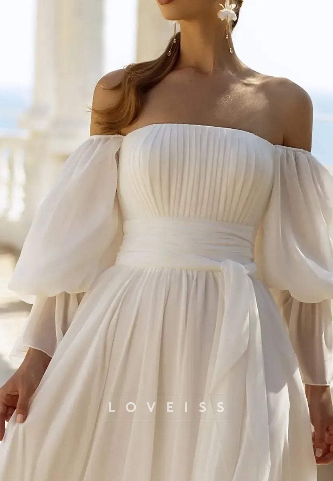 Off-Shoulder Long Sleeves Pleated Beach A-Line Wedding Dress