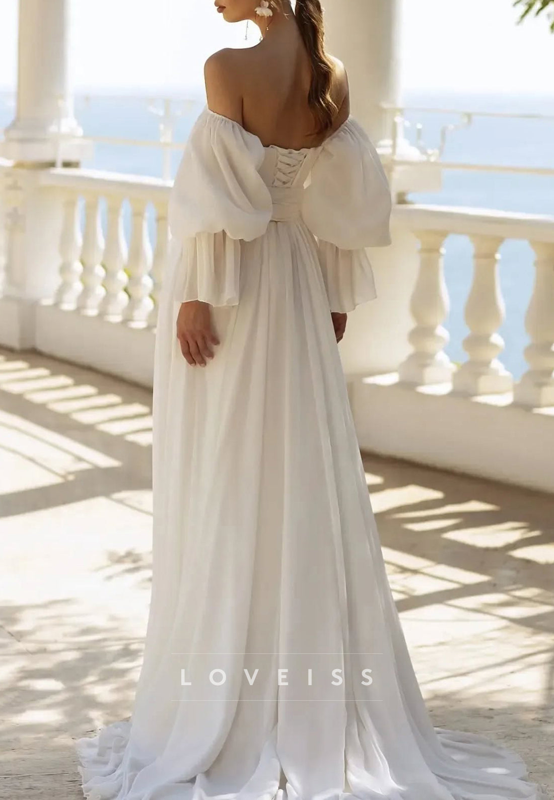 Off-Shoulder Long Sleeves Pleated Beach A-Line Wedding Dress
