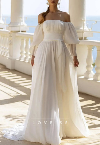 Off-Shoulder Long Sleeves Pleated Beach A-Line Wedding Dress
