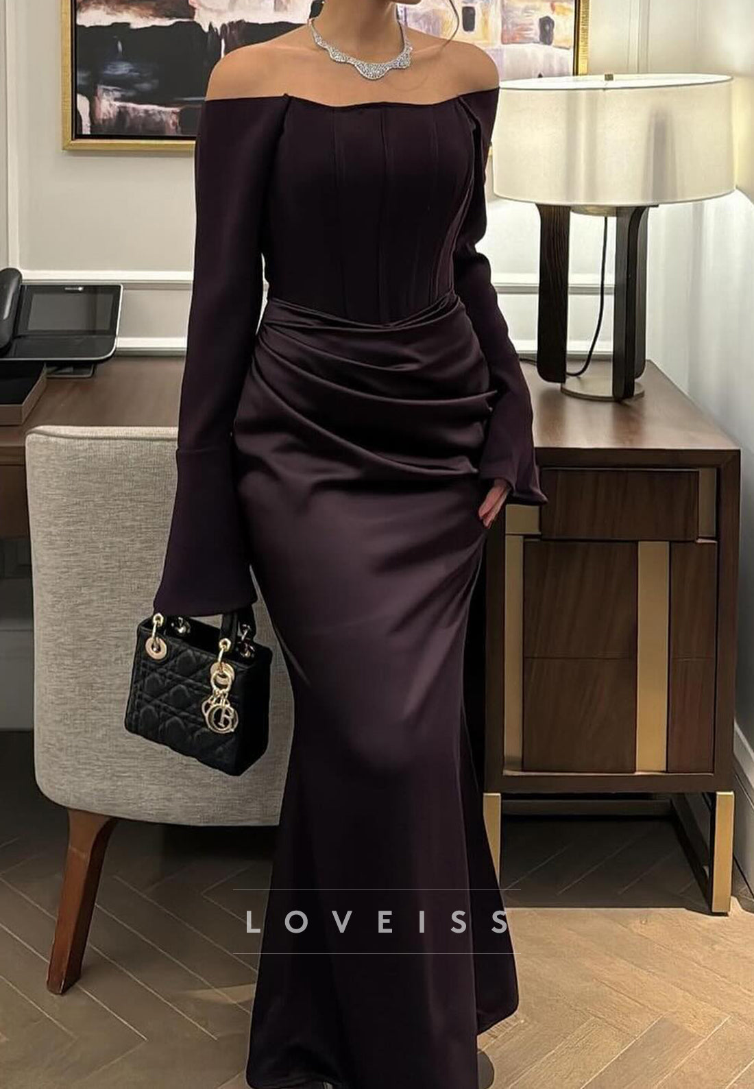 Off-Shoulder Long Sleeves Pleated Mermaid Formal Dress