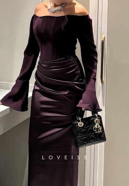 Off-Shoulder Long Sleeves Pleated Mermaid Formal Dress