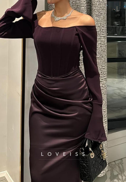 Off-Shoulder Long Sleeves Pleated Mermaid Formal Dress