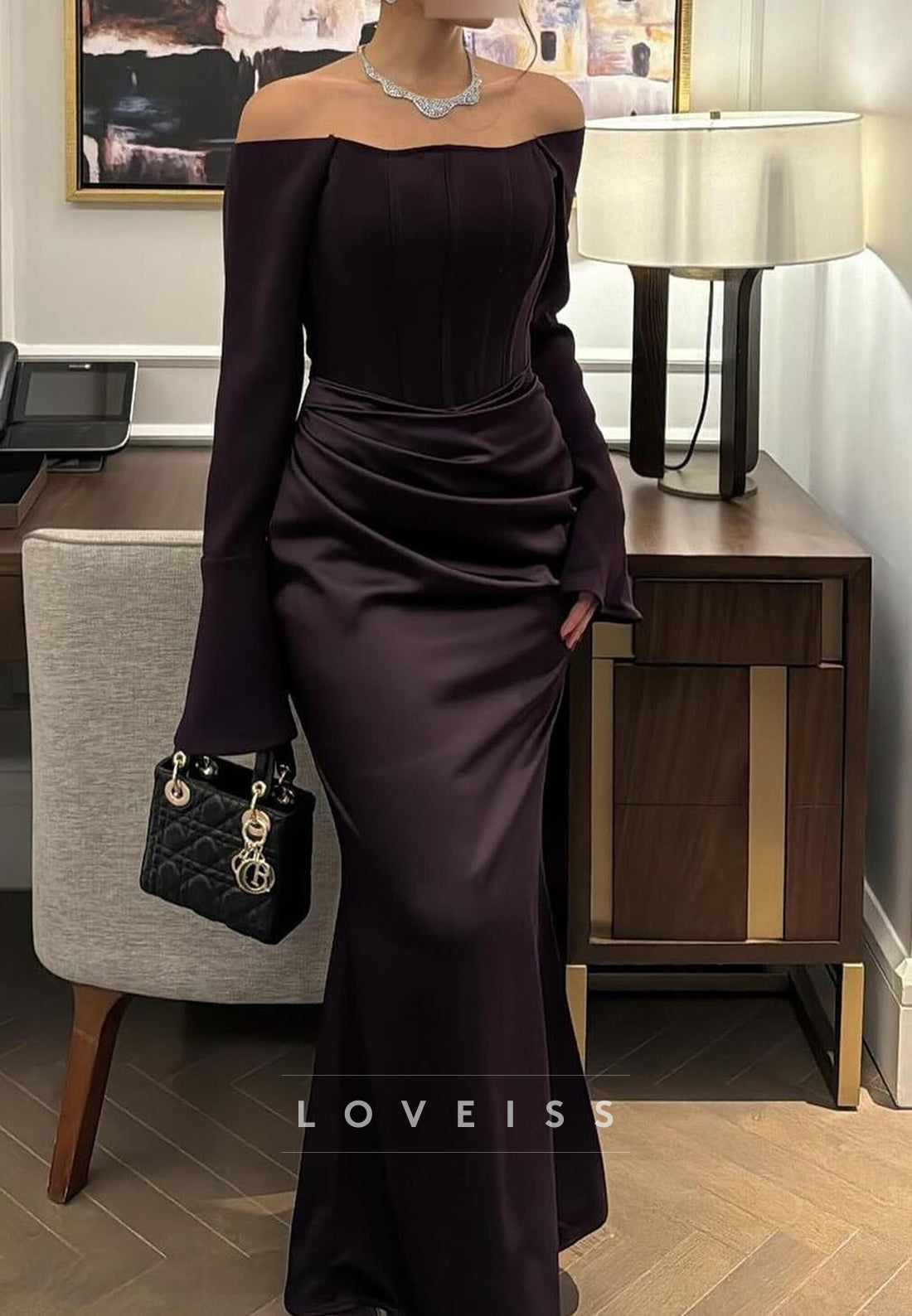 Off-Shoulder Long Sleeves Pleated Mermaid Formal Dress