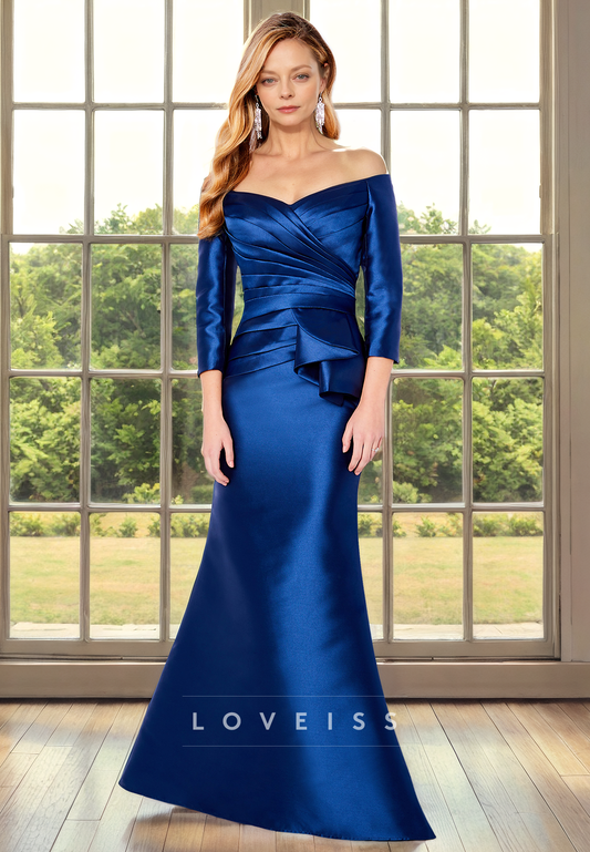 Off- Shoulder Long Sleeves Pleated Mermaid Mother of Bride Dress