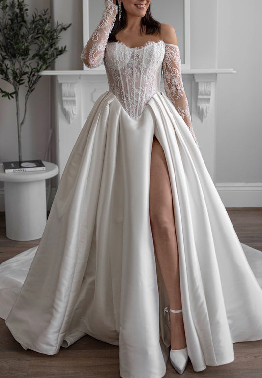 Off-Shoulder Long Sleeves Pleated Satin A-Line Wedding Dress