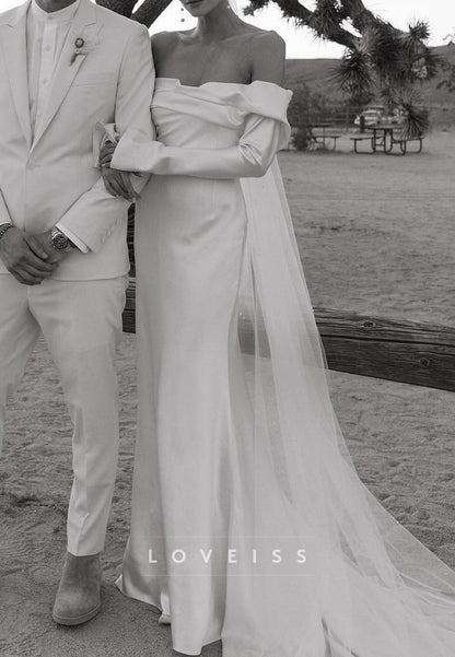 Off-Shoulder Long Sleeves Sleek Sheath Wedding Dress