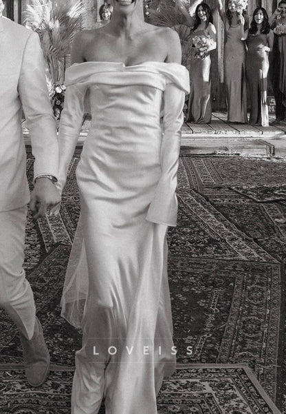 Off-Shoulder Long Sleeves Sleek Sheath Wedding Dress