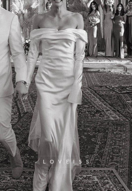 Off-Shoulder Long Sleeves Sleek Sheath Wedding Dress