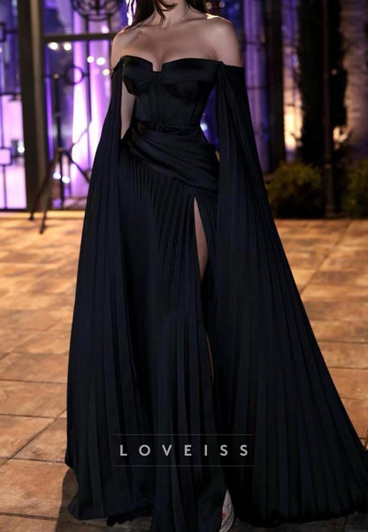 Off-Shoulder Long Sleeves Pleated Side Slit A-Line Prom Dress