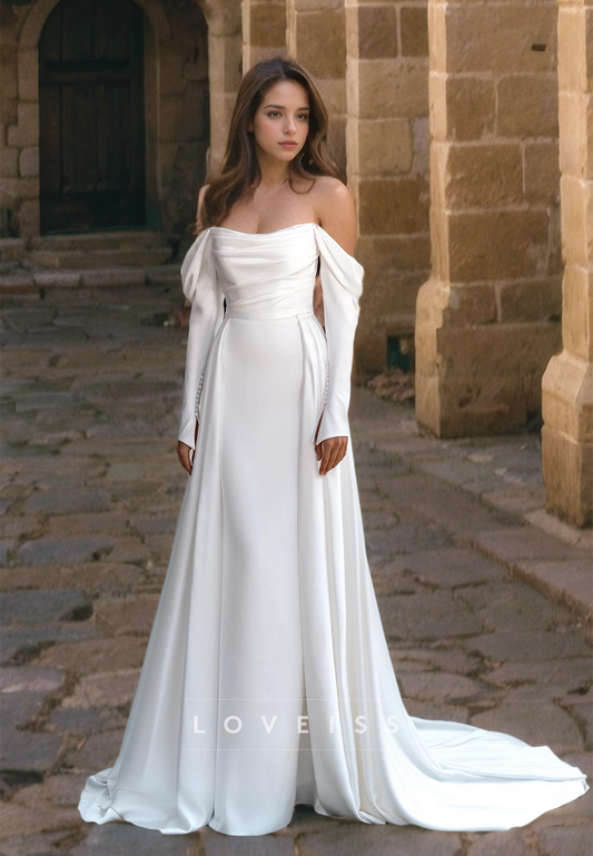 Off-Shoulder Long Sleeves Pleated Sleek Mermaid Sweep Train Wedding Dress